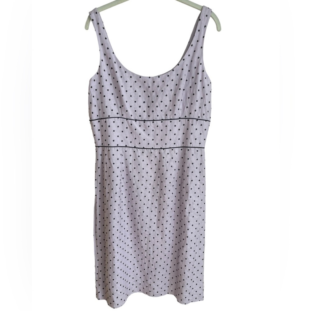 💜Donna Ricco linen blend dress size 10. Lavender w embroidered navy polka dots